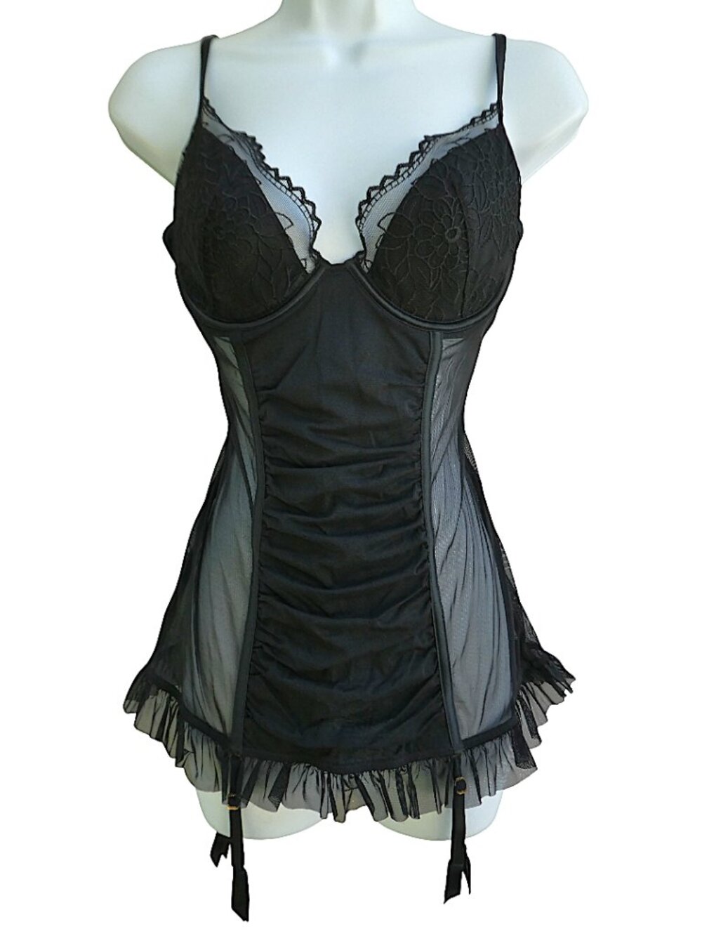 Vintage Very Sexy Victoria's Secret Black Mesh Lace Corset Bustier Babydoll Slip